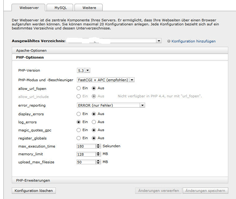 Screenshot Server Einstellungen