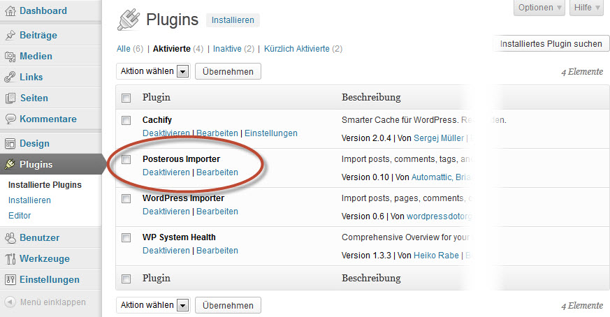 Screenshot WordPress Backend Plugins