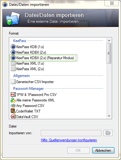 Screenshot KeePass Import Menü